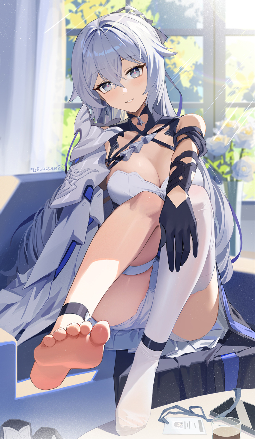 1girl :d barefoot black_gloves breasts bronya_zaychik bronya_zaychik_(silverwing:_n-ex) cellphone cleavage couch curtains day dress earrings feet fled full_body gloves grey_eyes grey_hair grin hair_ornament highres honkai_(series) honkai_impact_3rd id_card indoors jewelry knees_together_feet_apart lanyard large_breasts long_hair looking_at_viewer no_shoes open_mouth panties phone single_thighhigh sitting smile soles solo table teeth thighhighs toes tree underwear very_long_hair white_dress white_panties white_thighhighs window