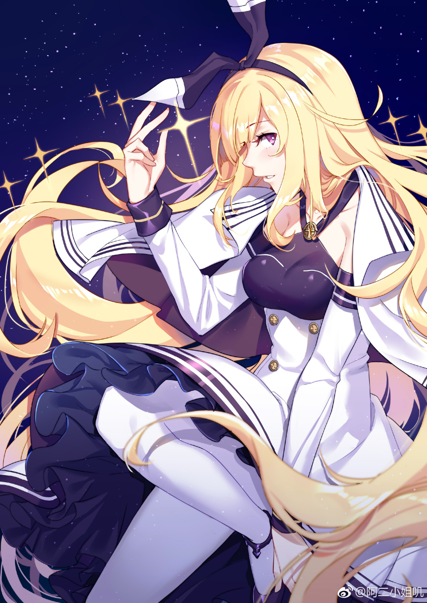 1girl absurdres aer_(tengqiu) black_shoes blonde_hair breasts center-flap_bangs dress hairband high_heels highres illustrious_(warship_girls_r) long_hair long_sleeves looking_at_viewer medium_breasts night night_sky pantyhose parted_lips purple_eyes shoes sky solo star_(sky) star_(symbol) starry_sky very_long_hair warship_girls_r watermark weibo_watermark white_pantyhose