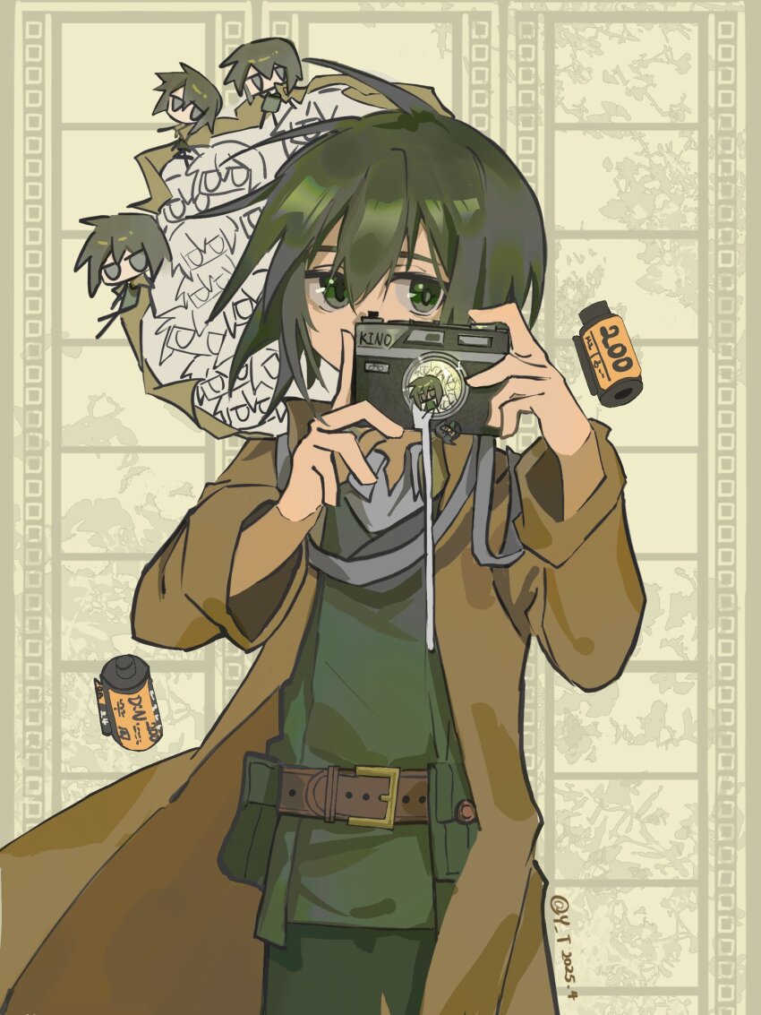 1girl artist_name belt black_hair brown_belt brown_coat camera coat green_jacket green_pants highres holding holding_camera jacket kino_(kino_no_tabi) kino_no_tabi open_clothes open_coat pants short_hair solo yuitelephone