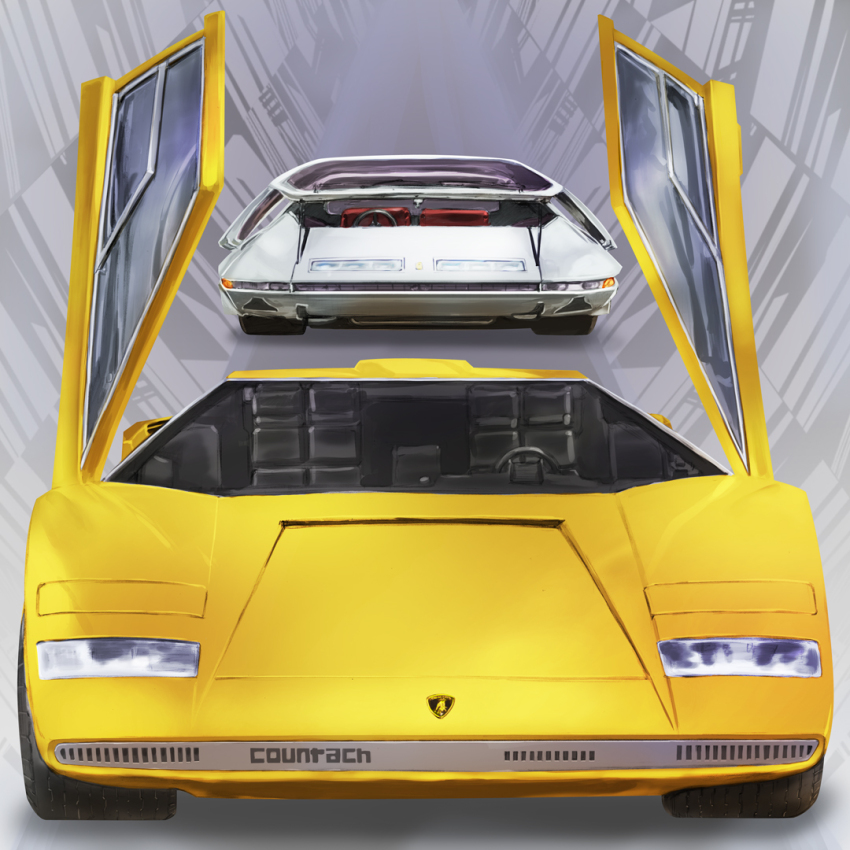 car ferrari ferrari_modulo grey_background igunuk lamborghini lamborghini_countach motor_vehicle no_humans original sports_car straight-on vehicle_focus white_car yellow_car