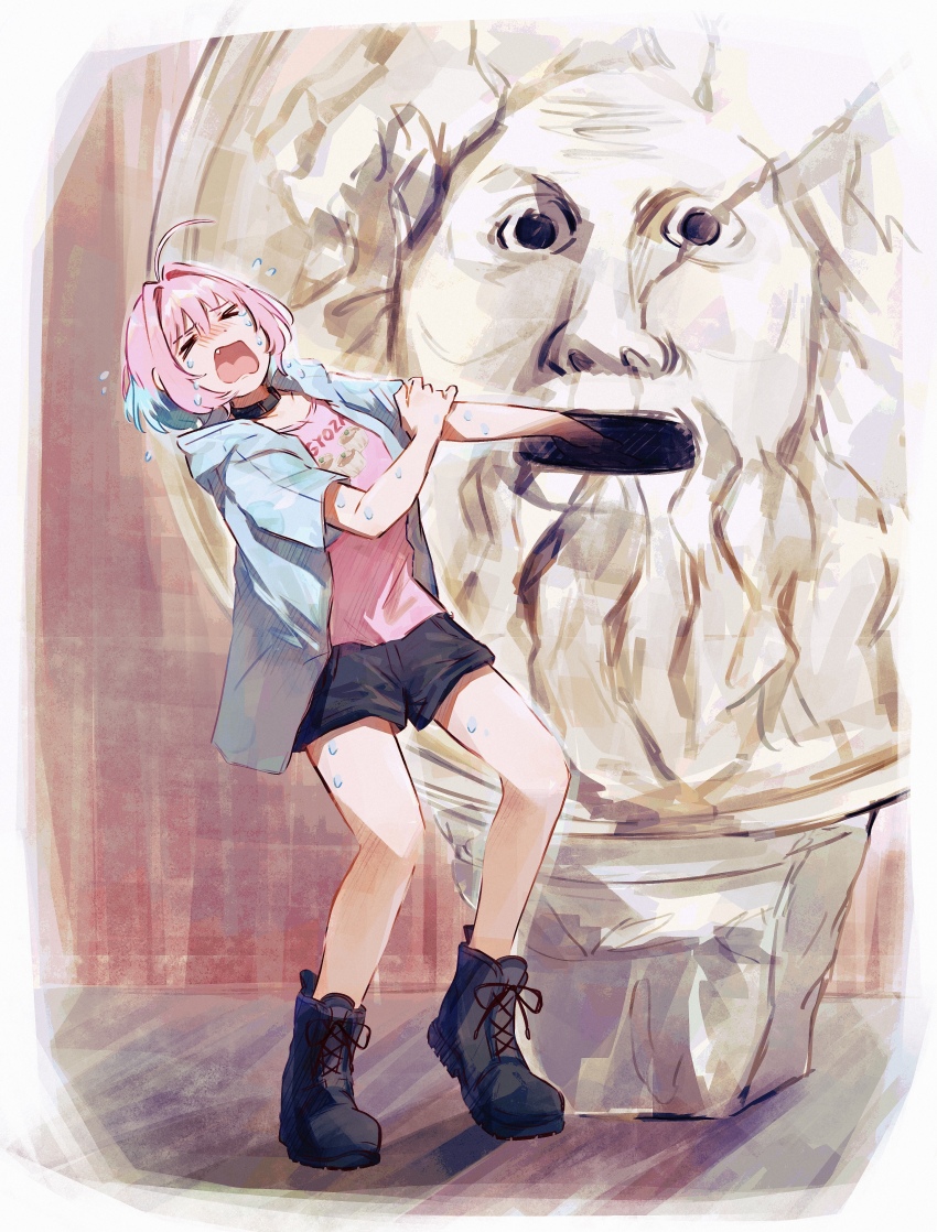 1girl absurdres ahoge black_boots black_shorts blue_hair blush bocca_della_verita boots closed_eyes clothes_writing collar crying dot_nose fang flying_sweatdrops full_body hair_between_eyes hair_intakes hamachamu hand_on_own_arm highres idolmaster idolmaster_cinderella_girls multicolored_hair nose_blush open_clothes open_mouth outstretched_arm pink_hair pink_shirt shirt short_hair short_shorts shorts solo tears two-tone_hair yumemi_riamu