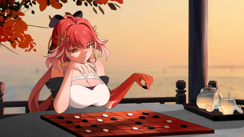 1girl absurdres bare_shoulders black_bow blurry blurry_background board_game bow braid breasts changli_(wuthering_waves) cleavage closed_mouth colored_extremities commentary gazebo go_(board_game) hair_bow hair_extensions hair_ornament hazeillusts head_rest highres holding large_breasts long_hair looking_at_object multicolored_hair orange_eyes outdoors pink_hair red_hands ring_hair_extensions smile solo streaked_hair sunset twin_braids water wuthering_waves