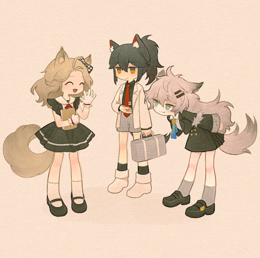 3girls animal_ear_fluff animal_ears arknights black_footwear black_hair black_jacket black_shirt black_skirt black_socks blue_eyes brown_background brown_eyes character_request chibi collared_shirt commentary_request deatiose dress gloves grey_hair grey_shorts grey_socks highres holding jacket lappland_(arknights) leaning_forward long_hair long_sleeves mary_janes multiple_girls necktie open_clothes open_jacket pinstripe_pattern pinstripe_shorts pleated_dress ponytail red_necktie ribbed_socks shirt shoes shorts simple_background skirt sleeveless sleeveless_shirt socks suspender_skirt suspenders tail texas_(arknights) very_long_hair white_footwear white_gloves white_jacket white_shirt white_socks wide_sleeves