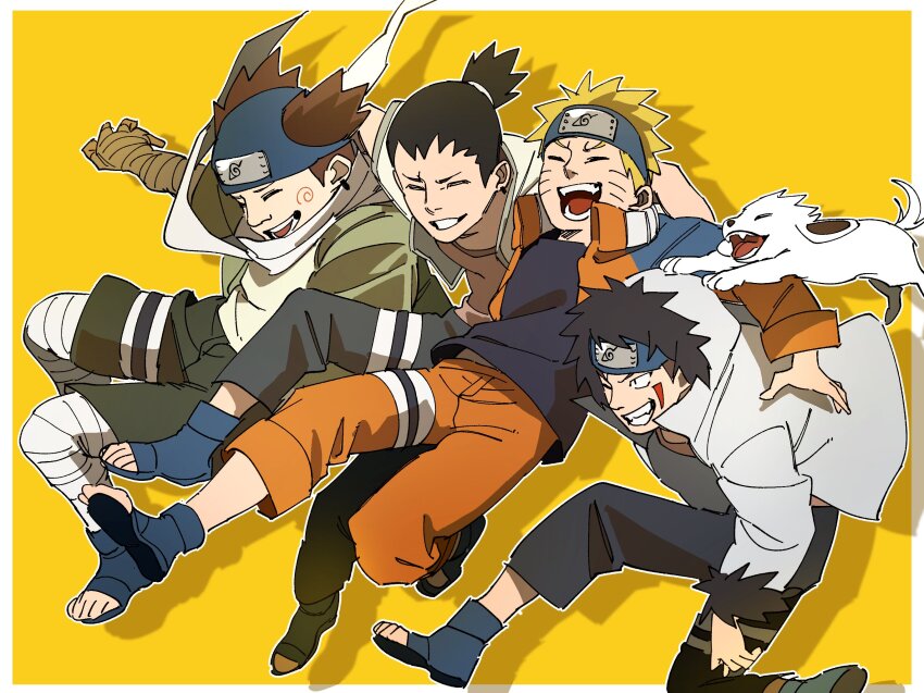 4boys akamaru_(naruto) akimichi_chouji black_hair black_pants blonde_hair blue_footwear blue_jacket boots brown_hair closed_eyes dog facial_mark forehead_protector fur-trimmed_hoodie fur_trim grin highres hood hoodie inuzuka_kiba jacket konohagakure_symbol marking_on_cheek multicolored_jacket multiple_boys nara_shikamaru naruto naruto_(series) one_eye_closed open_clothes open_jacket open_mouth orange_jacket orange_pants pants pnpk_1013 short_hair simple_background smile spiked_hair teeth toeless_footwear topknot two-tone_jacket uzumaki_naruto whisker_markings white_dog white_hoodie yellow_background