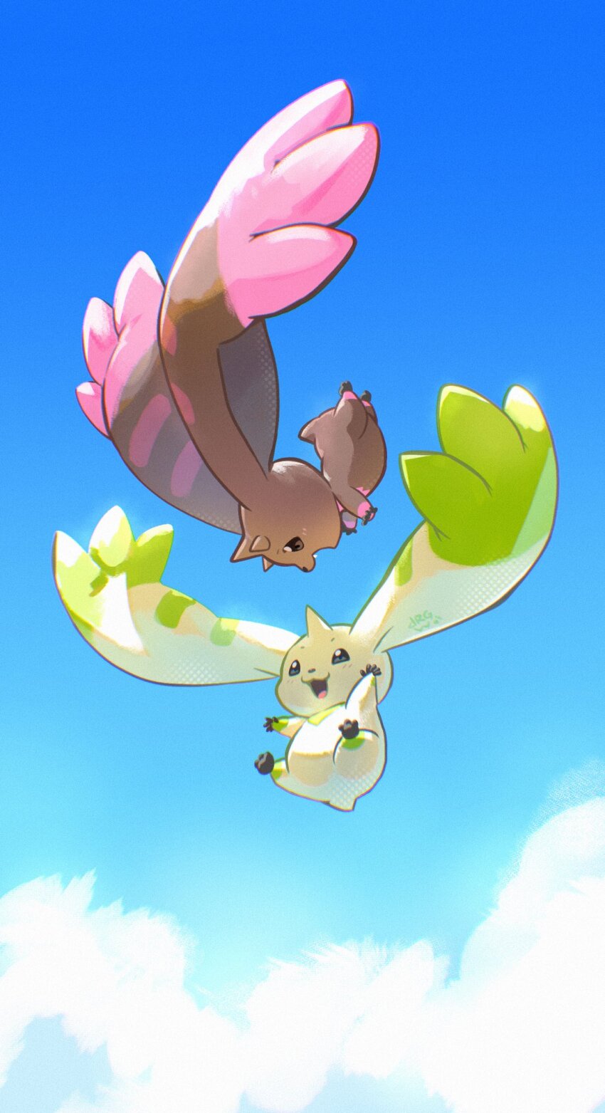 blue_background blue_sky body_fur brown_fur cloud digimon digimon_(creature) dragonwilbert full_body green_fur highres horns lopmon midair single_horn sky terriermon