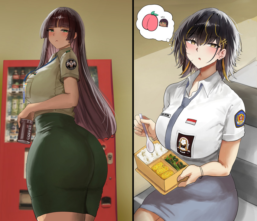 2girls absurdres ass black_hair blonde_streaks brown_hair can collared_shirt commentary commission drink drink_can english_commentary febri_aryani_(vloodozer) felicia_castro food green_shirt green_skirt grey_necktie grey_skirt highres holding holding_bento holding_can holding_drink holding_spoon imagining indonesian_flag indonesian_high_school_uniform long_hair military_dress_uniform military_uniform multiple_girls necktie omelet original pencil_skirt rice school_uniform shirt short_hair short_sleeves sitting skirt speech_bubble spoon stairs standing tamagoyaki tatakau_ni_atai_suru thought_bubble vegetable vending_machine very_long_hair vloodozer white_shirt