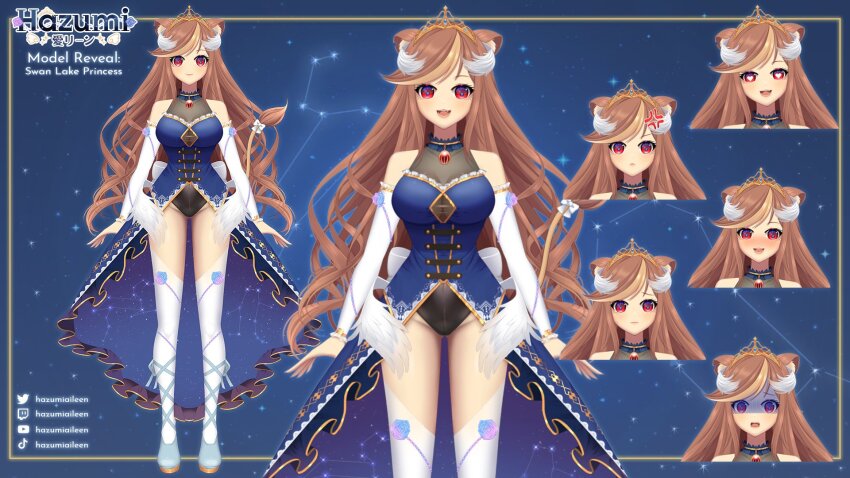 1girl animal_ear_fluff animal_ears black_leotard blue_footwear blue_shirt blue_skirt blush bow breasts character_name reference_sheet commentary detached_sleeves english_commentary multiple_expressions frown hazumi_aileen head_wings heart heart-shaped_pupils highres indie_virtual_youtuber kamaniki leotard lion_ears lion_girl looking_at_viewer low_wings medium_breasts official_art red_eyes second-party_source shaded_face shirt skirt smile symbol-shaped_pupils thighhighs tiara virtual_youtuber white_bow white_thighhighs wings