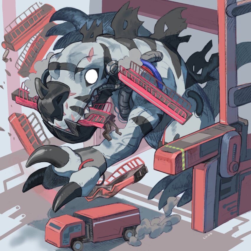 blank_eyes broken cable car claws cyborg destruction digimon digimon_(creature) dinosaur giant giant_monster highres horns level-00 metal_jaw metaltyranomon motor_vehicle red_car scar scar_on_face sharp_teeth single_horn spines striped_skin teeth truck veins veiny_arms