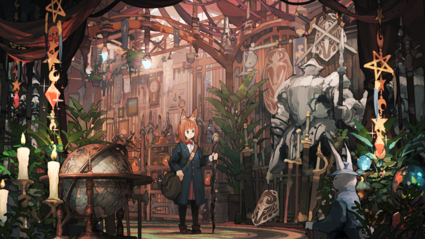 1girl animal_ears armor bag banner black_jacket black_legwear blue_eyes bottle bow bowtie brown_hair candle candlestand clock coat crossed_swords fantasy globe highres indoors jacket jean_popo long_coat messenger_bag original plant polearm potted_plant rabbit shelf shield shoulder_bag solo_focus spear staff star_(symbol) sword weapon weapon_rack