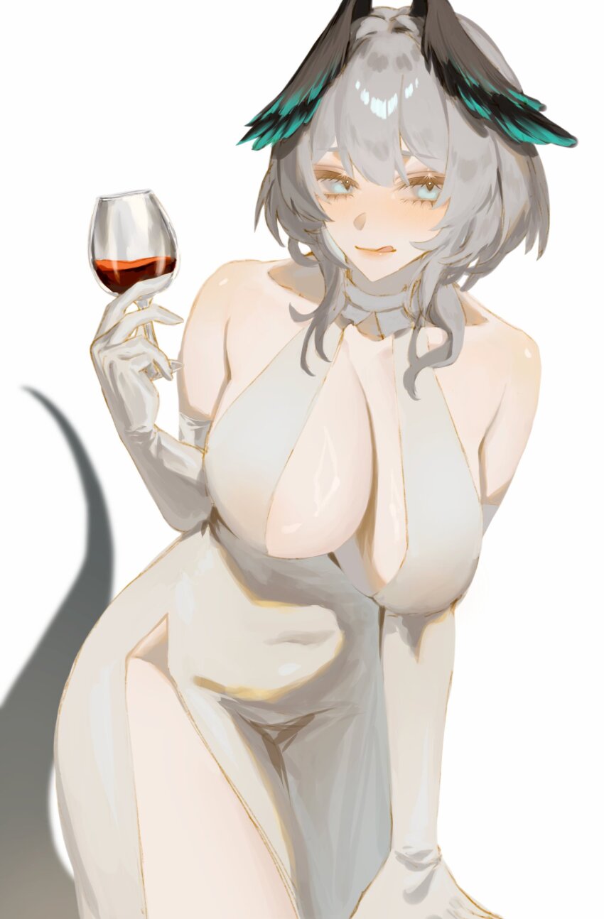 1girl aqua_eyes arknights breasts cleavage dress grey_hair highres ho&#039;olheyak_(arknights) looking_at_viewer nate71762013 pale_skin side_slit snake_girl solo white_dress