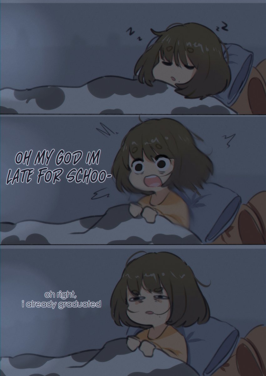 1girl 3koma absurdres closed_eyes comic english_text female_focus highres indoors motion_blur motion_lines neqo_(neneneqo) open_mouth original pillow sleeping solo squinting truth under_covers waking_up wide-eyed worried zzz