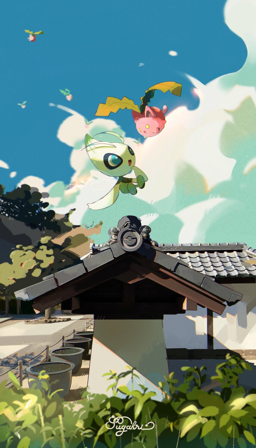 :d absurdres artist_name blue_eyes blue_sky celebi cloud colored_skin commentary fairy_wings floating gen_2_pokemon highres hoppip legendary_pokemon mythical_pokemon nintendo no_humans open_mouth outdoors pink_skin pokemon pokemon_(creature) sky smile sugahri twitter_username wings yellow_eyes