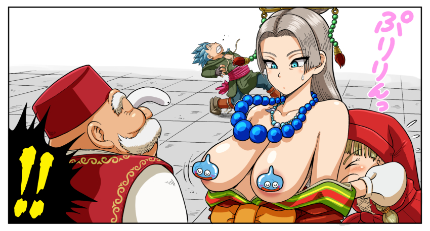 ! !! &gt;_&lt; 2boys 2girls areola_slip assisted_exposure bare_shoulders bead_necklace beads black_border blonde_hair blue_eyes blue_hair border breasts breasts_out bulging_eyes camus_(dq11) censored clenched_teeth closed_eyes collarbone commentary_request creator_connection dragon_ball dragon_quest dragon_quest_xi earrings eye_pop eyelashes facial_hair forehead grey_hair highres jewelry large_breasts long_hair looking_down mature_female metal_man10 multiple_boys multiple_girls mustache necklace nima_daishi novelty_censor off_shoulder old old_man parody puffy_short_sleeves puffy_sleeves pushing red_headwear row_(dq11) sagging_breasts short_sleeves sidelocks spiked_hair teeth upper_body veronica_(dq11) wardrobe_malfunction