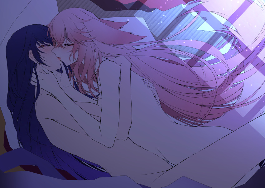 2girls absurdres animal_ears breasts closed_eyes commentary convenient_censoring dark_room english_commentary fox_ears french_kiss genshin_impact highres hug kiss large_breasts long_hair lying multiple_girls nude on_back on_bed pink_hair purple_hair raiden_shogun saliva sideboob sieka_(piiroinardesco) yae_miko yuri