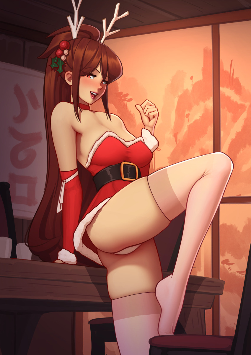 1girl absurdres animal_ears arm_support arm_up arms_behind_back ass belt blush breasts brown_eyes brown_hair chair choker cleavage creatures_(company) desk detached_sleeves dress eyelashes fake_animal_ears fake_antlers fur_trim game_freak hair_between_eyes hair_ornament highres large_breasts leg_up legs lips lipstick long_bangs long_hair looking_at_viewer looking_to_the_side makeup mistletoe mistletoe_hair_ornament nintendo oichi oichi_(pokemon_conquest) oichi_(sengoku_musou) open_mouth panties pantyshot parted_bangs pink_thighhighs pokemon pokemon_conquest ponytail red_dress roncostar santa_costume santa_dress scroll sengoku_musou smile solo standing standing_on_one_leg teeth thick_thighs thighhighs thighs underwear upper_teeth_only upskirt very_long_hair white_panties