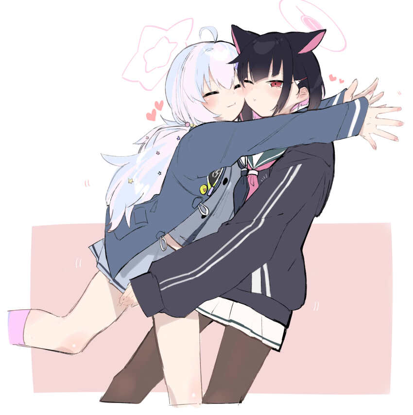 2girls ahoge animal_ears black_hair black_pantyhose blue_archive blue_jacket blush cat_ears closed_eyes closed_mouth cropped_legs extra_ears hair_ornament hairclip halo heart highres hood hooded_jacket hug jacket kazusa_(blue_archive) long_hair long_sleeves miniskirt multicolored_hair multiple_girls neckerchief negu_(pixiv_6519140) one_eye_closed pantyhose pink_hair pink_neckerchief pink_socks reisa_(blue_archive) sailor_collar short_hair skirt socks star_(symbol) star_hair_ornament twintails two-tone_hair