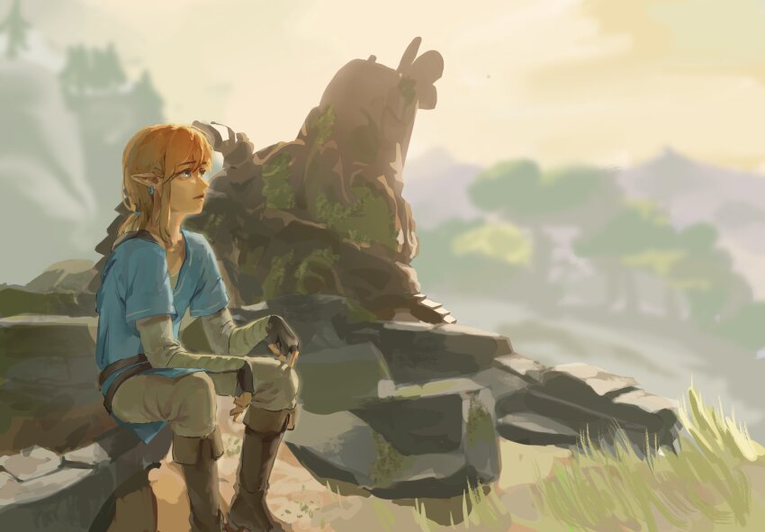 1boy belt black_gloves blue_shirt boots brown_belt brown_boots brown_pants day earrings fingerless_gloves from_side gloves grass green_eyes guardian_(zelda) highres jewelry knee_boots layered_sleeves link long_sleeves male_focus mountain nintendo outdoors pants pointy_ears psp26958748 shirt short_over_long_sleeves short_sleeves sitting solo the_legend_of_zelda the_legend_of_zelda:_breath_of_the_wild tree