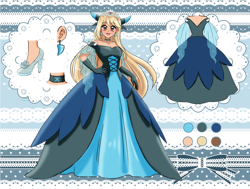 1girl blonde_hair brown_eyes charizard choker cosplay creatures_(company) dress earrings game_freak gen_1_pokemon glass_slipper highres jewelry mega_charizard_x mega_charizard_x_(cosplay) mega_pokemon mega_stone nintendo original pokemon princess reference_sheet shoulder_spikes spikes tiara tsaianda