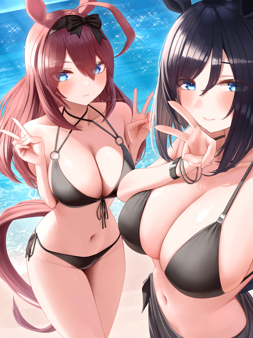 2girls absurdres ahoge alternate_costume animal_ears artist_name bikini black_bikini black_bow black_sarong blush bow bracelet breasts cleavage closed_mouth collarbone day double_v eishin_flash_(umamusume) hair_between_eyes hair_bow halterneck highres horse_ears horse_girl horse_tail jewelry large_breasts long_hair looking_at_viewer menchi_rishio mihono_bourbon_(umamusume) multiple_bracelets multiple_girls navel o-ring o-ring_bikini o-ring_top ocean outdoors sarong short_hair side-tie_bikini_bottom smile stomach swimsuit tail umamusume v
