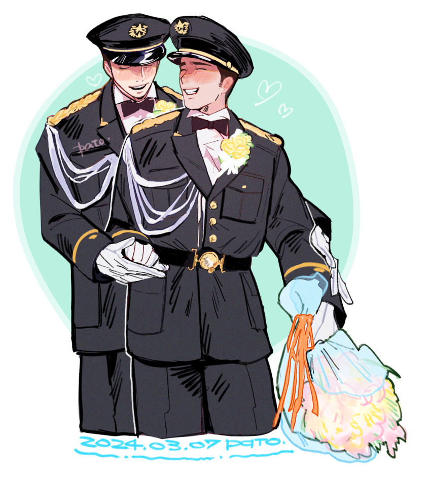 2boys ao_isami belt black_hair blush bouquet couple cropped_legs dated flower gloves happy hat highres holding holding_bouquet holding_hands husband_and_husband ice_nomu male_focus military_uniform multiple_boys peaked_cap ryuji_satake standing thick_eyebrows yaoi yuuki_bakuhatsu_bang_bravern