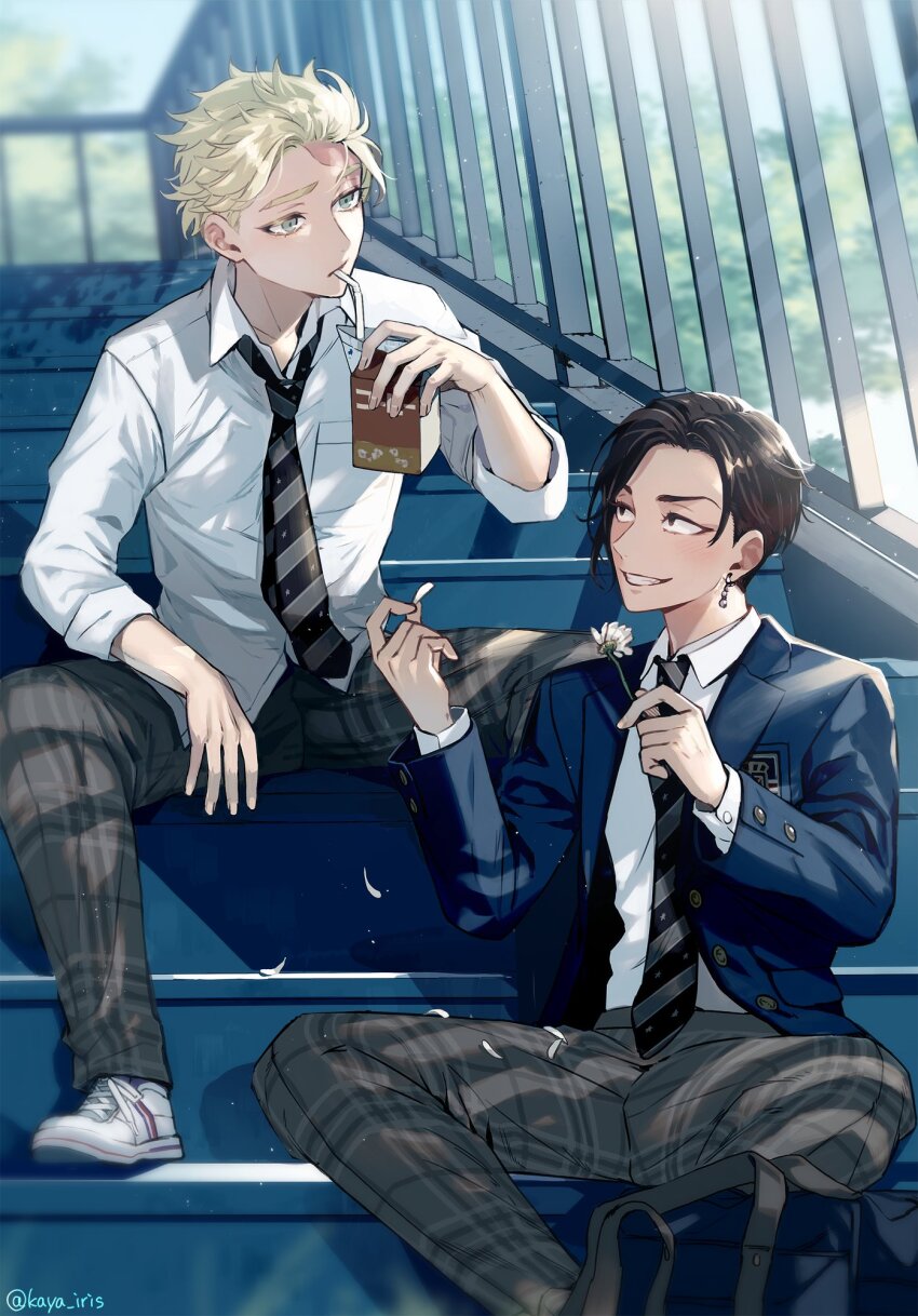 2boys artist_name bag black_eyes black_hair black_necktie blazer blonde_hair blue_bag blue_jacket blue_sky blurry blurry_background breast_pocket carton closed_mouth collared_shirt commentary_request day diagonal-striped_clothes diagonal-striped_necktie dress_shirt drink drinking drinking_straw earrings flower full_body grey_eyes grey_pants grin hand_up highres holding holding_carton holding_flower inui_seishu jacket jewelry kaya_lily kokonoi_hajime lapels light_rays long_sleeves looking_at_another male_focus multiple_boys necktie open_clothes open_jacket outdoors pants parted_bangs petals plaid_clothes plaid_pants pocket railing school_bag school_uniform shirt short_hair sitting sitting_on_stairs sky smile stairs striped_clothes sunlight teeth tokyo_revengers tree twitter_username white_flower white_shirt wing_collar