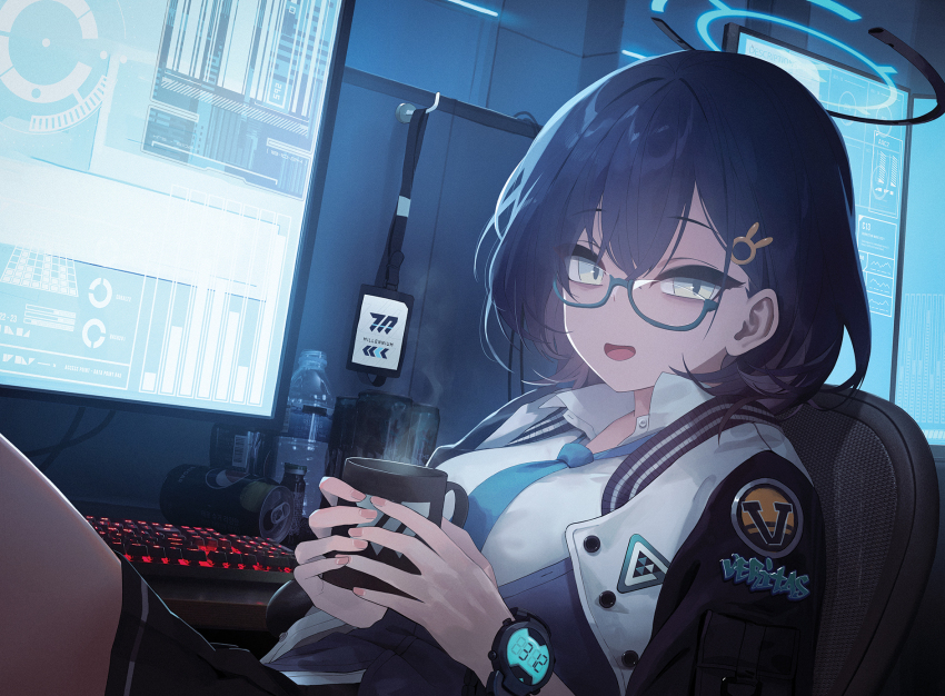1girl bags_under_eyes black_hair blue-framed_eyewear blue_archive blue_necktie bottle chair chihiro_(blue_archive) clock collared_shirt cup digital_clock glasses green_eyes hair_ornament halo highres holding holding_cup jacket computer_keyboard long_sleeves looking_at_viewer mo_ne necktie open_clothes open_jacket open_mouth pepsi seven-segment_display shirt short_hair sitting solo watch white_shirt wristwatch