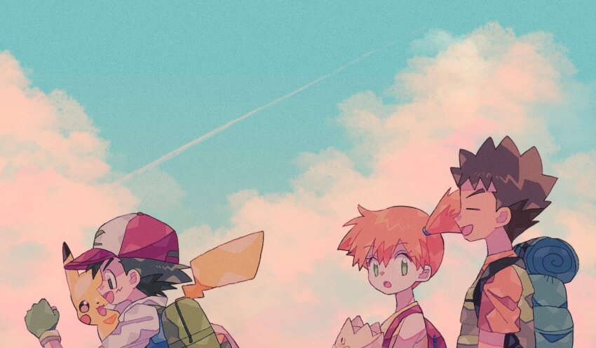 1girl 2boys :d ash_ketchum asymmetrical_hair backpack bag baseball_cap black_hair brock_(pokemon) brown_hair closed_eyes cloud creature day eyelashes fingerless_gloves gen_1_pokemon gen_2_pokemon gloves green_bag green_eyes green_gloves hair_tie hat holding holding_creature holding_pokemon jacket mgomurainu misty_(pokemon) multiple_boys navel nintendo on_shoulder open_mouth orange_hair outdoors pants pikachu pokemon pokemon_(anime) pokemon_(classic_anime) pokemon_(creature) ponytail shirt short_hair short_sleeves shorts side_ponytail simple_background sky sleeveless smile suspenders t-shirt togepi tongue white_shirt yellow_shirt