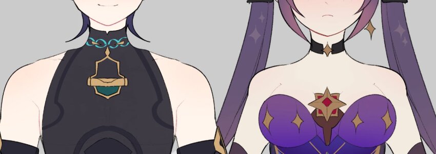 1boy 1girl armpit_crease arms_at_sides bare_shoulders black_bodysuit black_choker bodysuit breast_focus breasts choker closed_mouth earrings eyes_out_of_frame genshin_impact grey_background head_out_of_frame jewelry leotard long_hair mandarin_collar medium_breasts memeh mona_(genshin_impact) pectoral_focus pectorals purple_hair purple_leotard scaramouche_(genshin_impact) sidelocks smile split_mouth star_(symbol) star_choker star_earrings star_ornament star_print straight-on strapless strapless_leotard twintails wanderer_(genshin_impact)