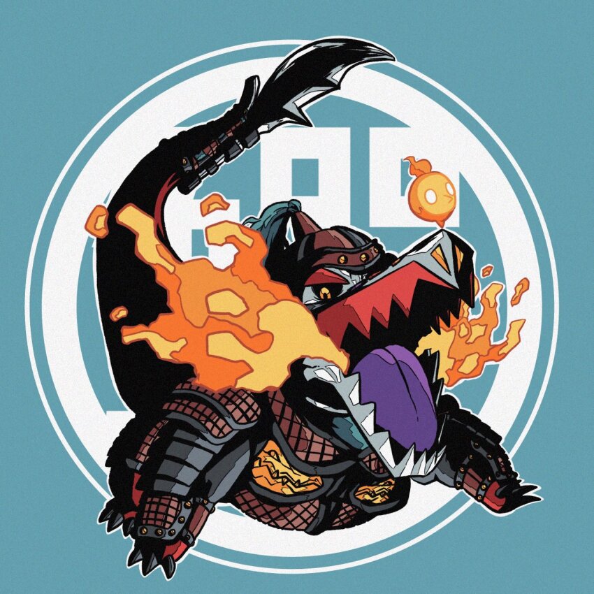 armor black_sclera colored_sclera debudebumetabo fire fire_bird_(skeledirge) hat highres nintendo no_humans open_mouth pokemon pokemon_(creature) skeledirge solo tongue yellow_eyes