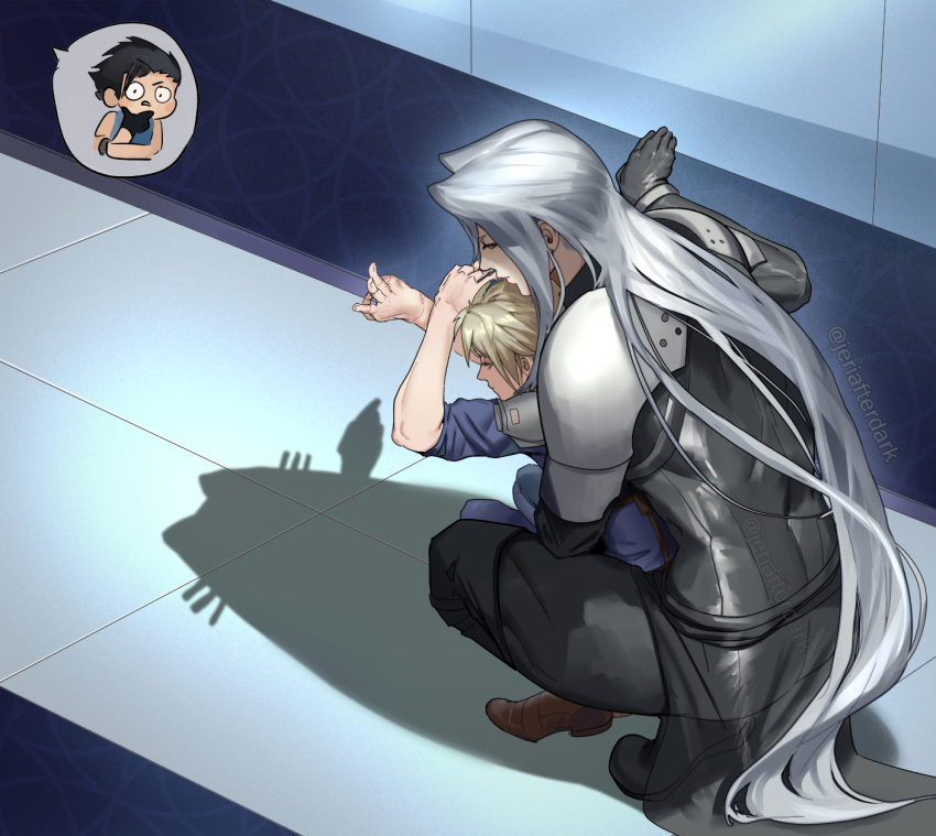 3boys arm_around_waist armor arms_up black_boots black_coat black_gloves black_hair blonde_hair blue_pants blue_shirt boots cat_shadow_puppet_(meme) cloud_strife coat commentary confused crisis_core_final_fantasy_vii final_fantasy final_fantasy_vii full_body gloves grey_hair hand_on_own_chin hand_up highres hug hug_from_behind indoors jeriafterdark long_bangs long_coat long_hair long_sleeves looking_down male_focus meme multiple_boys open_mouth pants pauldrons sephiroth shinra_infantry_uniform shirt short_hair shoulder_armor squatting twitter_username very_long_hair zack_fair