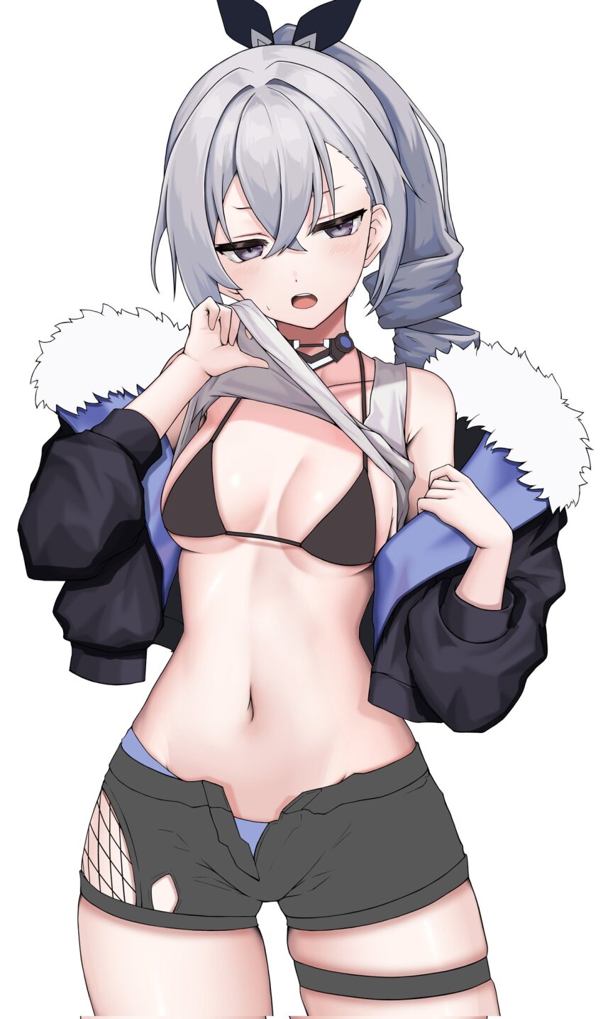 1girl armpit_crease bare_shoulders black_bra black_jacket black_shorts blue_panties blush bra breasts clothes_lift collarbone corrupted_twitter_file cowboy_shot cropped_jacket crossed_bangs drill_hair drill_ponytail fur-trimmed_jacket fur_trim grey_eyes grey_hair hair_behind_ear hair_between_eyes highres hip_vent honkai:_star_rail honkai_(series) jacket kushinaka light_blush long_hair looking_at_viewer midriff navel open_fly open_mouth panties shirt shirt_lift short_shorts shorts silver_wolf_(honkai:_star_rail) simple_background single-shoulder_shirt single_drill skindentation small_breasts solo tank_top teeth thigh_strap three-quarter_sleeves underwear upper_teeth_only white_background white_shirt white_tank_top wiping_sweat wiping_with_clothes