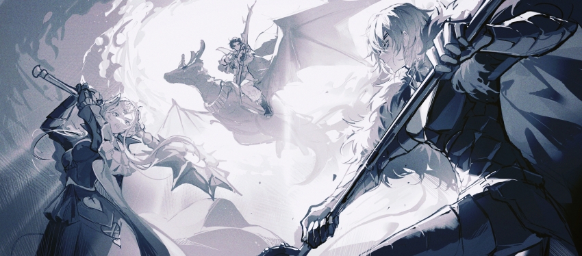 1girl 2boys absurdres aiming areadbhar_(fire_emblem) arms_up axe aymr_(fire_emblem) bow_(weapon) breasts cape chinese_commentary claude_von_riegan closed_mouth collared_cape commentary creature dimitri_alexandre_blaiddyd dimitri_alexandre_blaiddyd_(timeskip) double_bun dress edelgard_von_hresvelg eyepatch failnaught_(fire_emblem) fake_horns fire_emblem fire_emblem:_three_houses floating friends from_below from_side fur-trimmed_cape fur_trim hair_bun hair_flowing_over hair_up headpiece highres holding holding_axe holding_bow_(weapon) holding_polearm holding_weapon horns large_breasts long_sleeves looking_at_another looking_to_the_side messy_hair monochrome multiple_boys nash5 nintendo open_mouth pants polearm short_hair sitting sky standing sunlight weapon