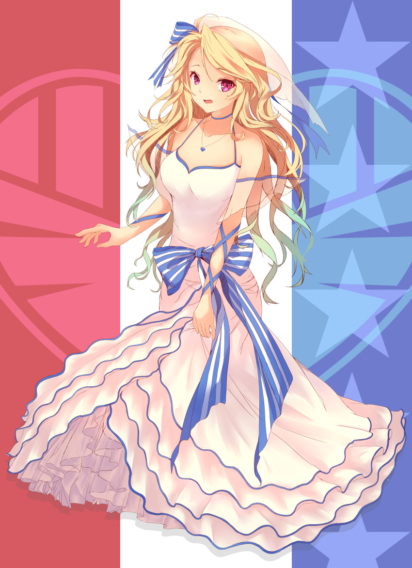 0wxw0 1girl absurdres ahoge azur_lane blonde_hair blue_choker bow breasts brooklyn_(azur_lane) choker collarbone hair_bow heart heart_necklace highres jewelry looking_at_viewer medium_breasts necklace necktie open_mouth red_eyes solo striped_background