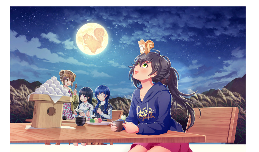 4girls :d ^_^ akino_komugi beads black_hair blue_hair blue_hoodie border bow braid brown_eyes brown_hair cardigan chair cinderella_series closed_eyes closed_mouth cloud collared_shirt cup dango double_bun dress eating floral_print floral_print_dress food full_moon game_cg green_eyes hachigatsu_no_cinderella_nine hair_beads hair_bow hair_bun hair_ornament hairclip high_ponytail highres holding holding_cup holding_skewer hood hoodie kondou_saki long_hair long_sleeves low_twin_braids moon multiple_girls nagai_kanako night night_sky nitta_minako non-web_source official_art on_chair open_cardigan open_clothes open_mouth outdoors ponytail print_dress purple_eyes red_shorts sanbou shirt shorts sitting skewer sky smile solo_focus squirrel susuki_grass table tsukimi tsukimi_dango twin_braids upper_body wagashi white_border white_shirt wooden_chair wooden_table yellow_bow yellow_cardigan yellow_moon