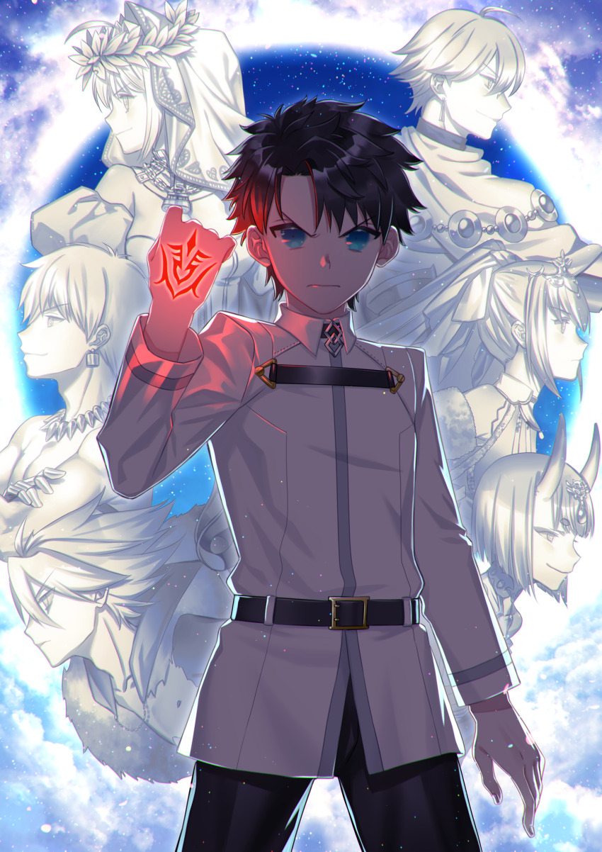 3girls 4boys ahoge angry black_hair blue_eyes blue_sky body_markings character_request cloud cloudy_sky fate_(series) fujimaru_ritsuka_(male) gilgamesh gilgamesh_(caster)_(fate) gilgamesh_(fate) glowing horns karna_(fate) multiple_boys multiple_girls oni ozymandias_(fate) sagiyama serious shuten_douji_(fate) sky smile statue straight-on tagme tattoo tattoo_on_hand