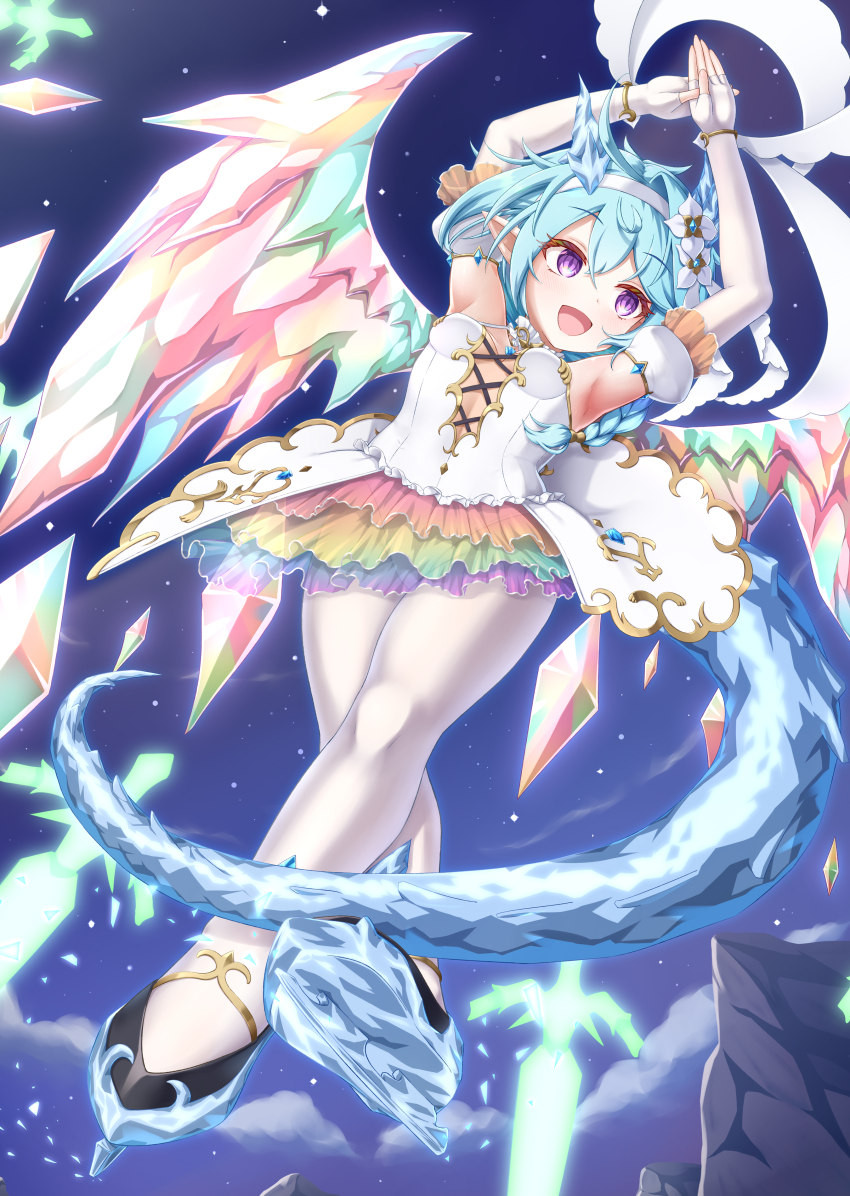 1girl absurdres blue_hair blue_horns braid cross-laced_clothes cross-laced_dress crystal_horns crystal_tail crystal_wings dragon_girl dragon_horns dragon_wings floating floating_object floating_sword floating_weapon flower gplnbeat hairband highres horns ice_skates light_blue_hair pantyhose princess_connect! rainbow_skirt sheffy_(princess)_(princess_connect!) sheffy_(princess_connect!) single_braid skates solo sword weapon white_flower white_hairband white_pantyhose wings