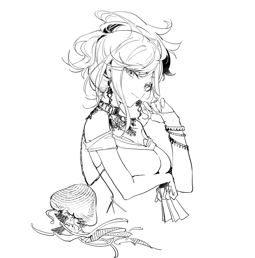 1girl absurdres bag bare_shoulders bracelet breasts cropped_torso dress eternity_(reverse:1999) greyscale hand_up highres jellyfish_earrings jewelry looking_at_viewer monochrome necklace reverse:1999 short_hair sleeveless sleeveless_dress solo upper_body walluka white_background