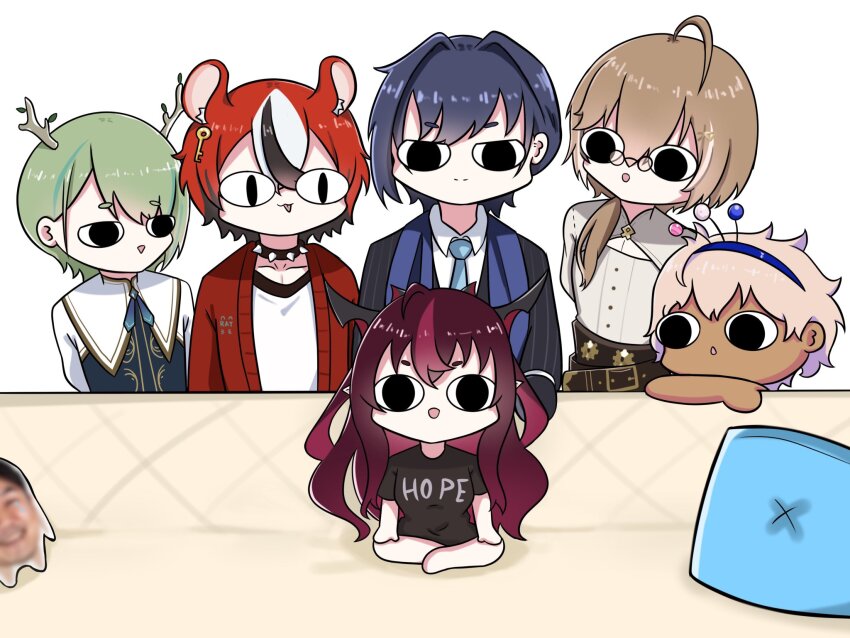 &lt;|&gt;_&lt;|&gt; 1girl 5boys :d :p ahoge barefoot belt black_jacket black_shirt blue_hair blue_hairband blue_necktie branch brown_belt brown_hair ceres_faun chibi closed_mouth clothes_writing collared_shirt commentary_request couch dark-skinned_male dark_skin fong_(fongthe0125) glasses green_hair grey_shirt hair_between_eyes hair_intakes hair_over_shoulder hairband hayko highres hololive hololive_english irys_(hololive) jacket long_hair meme multicolored_hair multiple_boys nanashi_muman necktie on_couch open_clothes open_jacket open_mouth ouro_krono pillow pince-nez pinstripe_jacket pinstripe_pattern piper_perri_surrounded_(meme) purple_hair red_jacket romaji_commentary shirt short_eyebrows sitting smile streaked_hair thick_eyebrows tongue tongue_out tsukumo_san v-shaped_eyebrows very_long_hair virtual_youtuber white_shirt yagoo