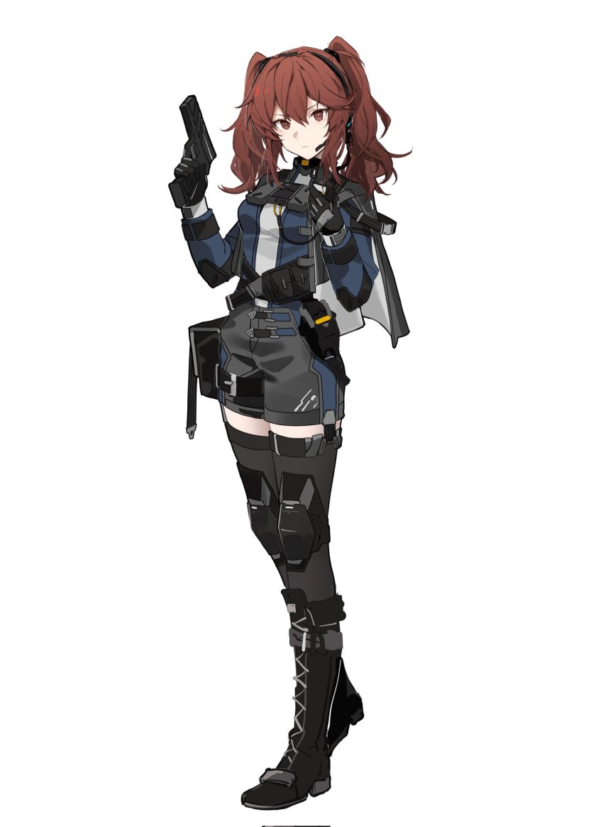 1girl beizhi black_boots black_gloves black_thighhighs boots coat commandant_(pgr) commentary english_commentary full_body gloves gun handgun highres long_hair punishing:_gray_raven red_eyes red_hair shorts solo thighhighs twintails weapon white_background