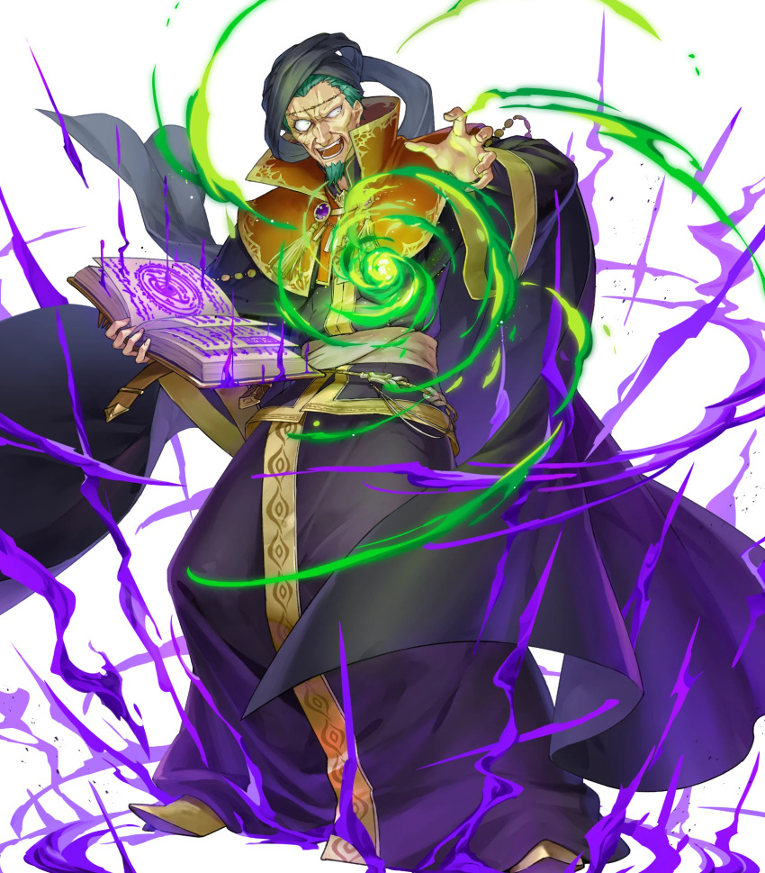 1boy attack beard black_robe black_turban book facial_hair fire_emblem fire_emblem:_the_blazing_blade fire_emblem_heroes grey_hair highres holding holding_book nergal_(fire_emblem) nintendo non-web_source official_art old old_man open_book open_mouth robe smile solo turban