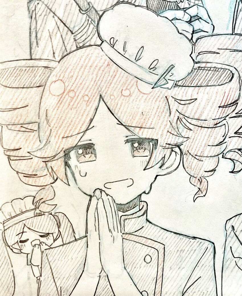 2girls absurdres buttons chef_hat closed_eyes colored_pencil_(medium) double-breasted drill_hair graphite_(medium) hands_folded hat hatsune_miku highres kasane_teto looking_at_viewer multiple_girls obsolete_meat_(vocaloid) open_mouth parted_bangs sweat teteteto0 toque_blanche traditional_media twin_drills twintails utau vocaloid