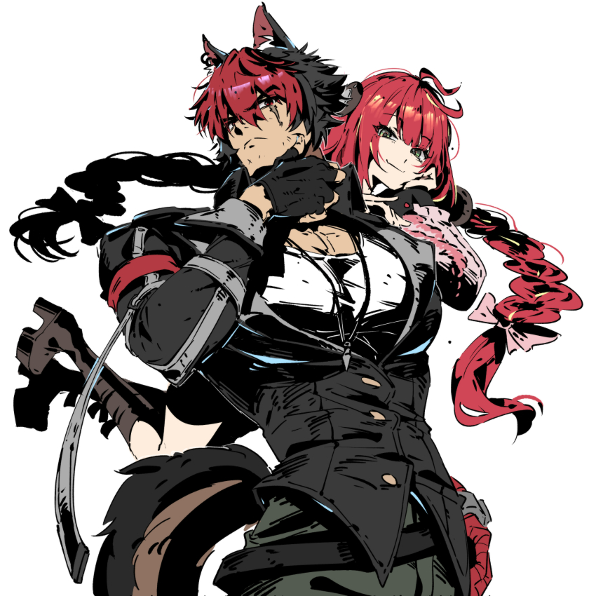 1boy 1girl amalgam4242 animal_ear_fluff animal_ears black_gloves black_hair black_jacket black_sailor_collar boots braid braided_twintails brown_boots cardigan cargo_pants closed_mouth dog_boy dog_ears dog_tail fingerless_gloves gloves green_eyes green_pants hair_between_eyes hair_ornament hair_ribbon hand_on_own_face hashtag-only_commentary highres jacket komano_manato long_hair looking_at_viewer multicolored_hair multiple_scars muscular muscular_male pants pectorals pink_cardigan red_bandage red_eyes red_hair ribbon sailor_collar scar scar_across_eye scar_on_face shirt short_hair smile sphere_hair_ornament tail ukinami_yuzuha white_background white_shirt wiping_face zenless_zone_zero