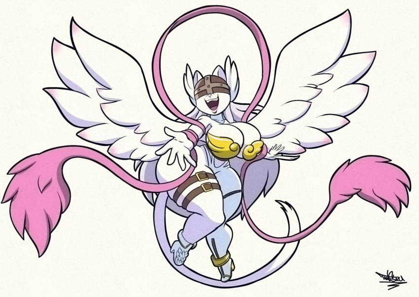 1girl angewomon animal_ears belt breasts cat_ears cat_tail curvy digimon digimon_(creature) female_focus furry fusion helmet high_heels highres huge_breasts leotard long_hair open_mouth outstretched_arms ribbon smile solo tail tailmon tansau thick_thighs thighs very_long_hair white_background white_hair wide_hips wings