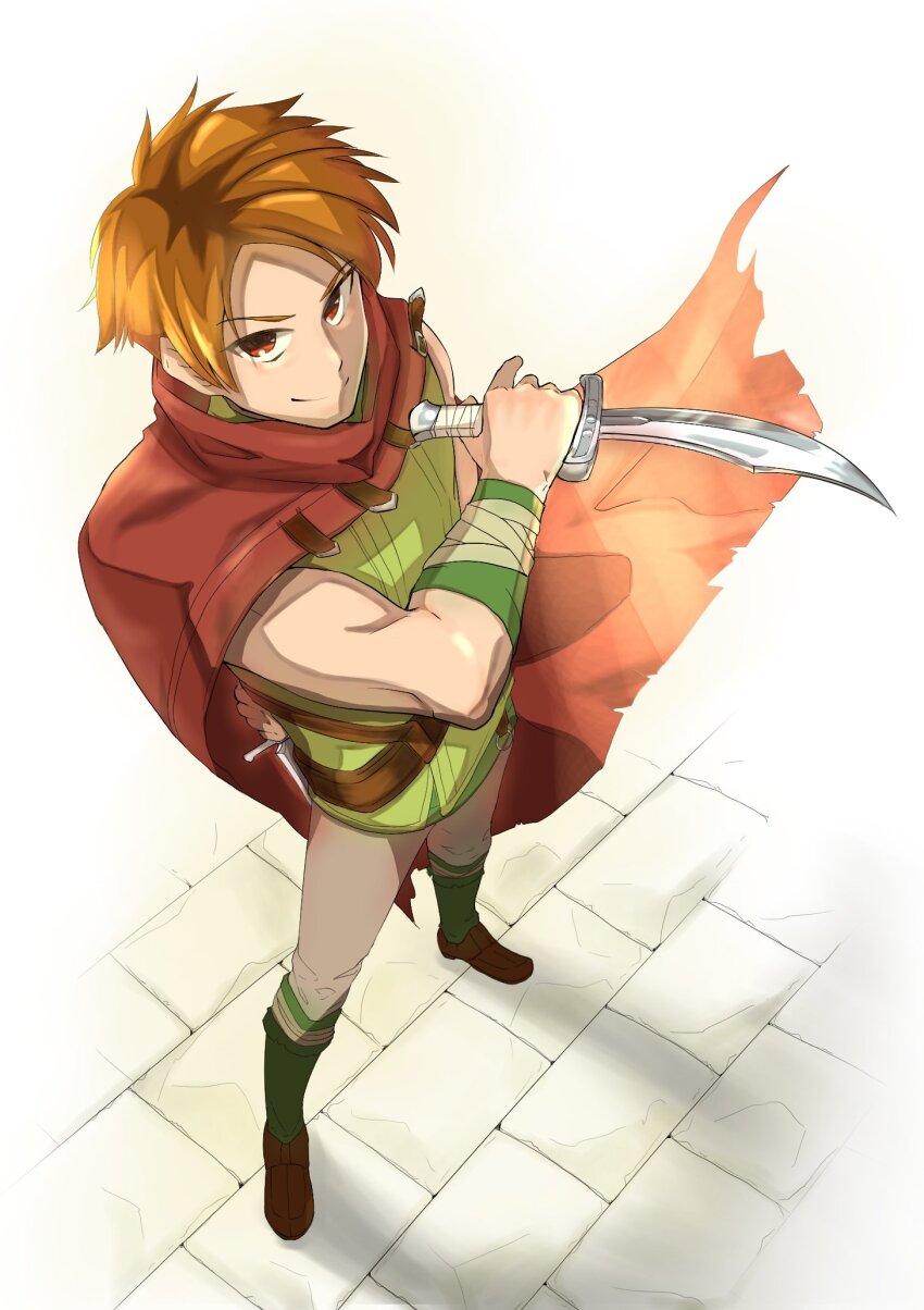 1boy boots brown_eyes brown_hair cloak fire_emblem fire_emblem:_the_blazing_blade gomomo00 highres holding holding_knife knife looking_at_viewer matthew_(fire_emblem) nintendo outdoors short_hair smile white_background