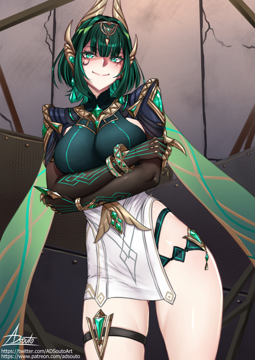 1girl adsouto bracelet breasts claw_ring crossed_arms earrings eye_tattoo genshin_impact green_eyes green_hair headpiece highres jewelry mark_under_eye medium_breasts mole mole_under_eye nefer_(genshin_impact) signature smile solo tattoo thigh_strap variant_set