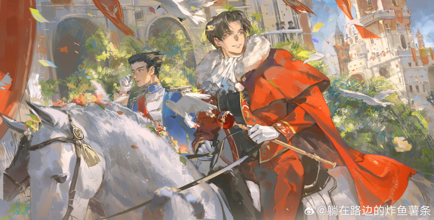 2boys absurdres ace_attorney animal ascot bird black_eyes black_hair blue_sky brown_eyes brown_hair brown_horse cape castle day gloves grin highres holding horse horseback_riding jacket layered_ascot liyuliyuzhou long_sleeves male_focus miles_edgeworth multiple_boys on_animal open_mouth outdoors pants parted_bangs parted_lips phoenix_wright profile red_cape red_jacket red_pants red_sash riding sash short_hair sitting_on_animal sky smile tassel teeth upper_teeth_only watermark weibo_watermark white_ascot white_bird white_gloves white_horse
