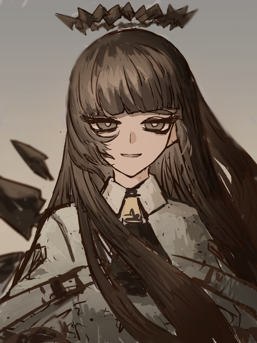 1girl arknights ascot black_ascot blunt_bangs blurry blurry_background bright_pupils broken_halo brown_hair brown_halo brown_wings collared_jacket dark_halo depth_of_field detached_wings energy_wings gradient_background grey_background half-closed_eyes halo highres hime_cut jacket long_hair looking_at_viewer lower_teeth_only parted_lips shadow sidelocks smile solo standing straight-on straight_hair strap teeth thiccborb upper_body virtuosa_(arknights) white_jacket white_pupils wing_collar wings