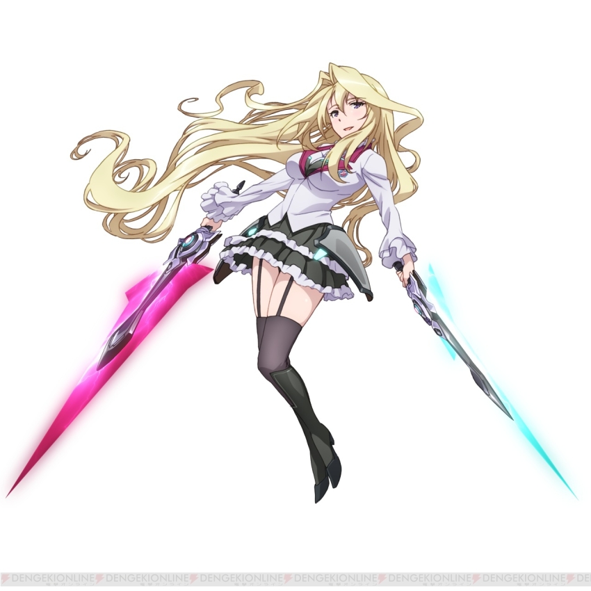 10s 1girl armor black_boots black_thighhighs blazer blonde_hair blue_eyes boots breasts claudia_enfield dengeki dual_wielding faulds female_focus floating_hair full_body fur_trim gakusen_toshi_asterisk garter_straps glowing glowing_sword glowing_weapon hair_between_eyes hair_intakes half-closed_eyes highres holding holding_weapon jacket kawakami_tetsuya light_smile long_hair long_sleeves looking_at_viewer neon_trim official_art school_uniform skirt smile solo standing sword thigh_boots thighhighs transparent_background turtleneck very_long_hair weapon wide_sleeves zettai_ryouiki