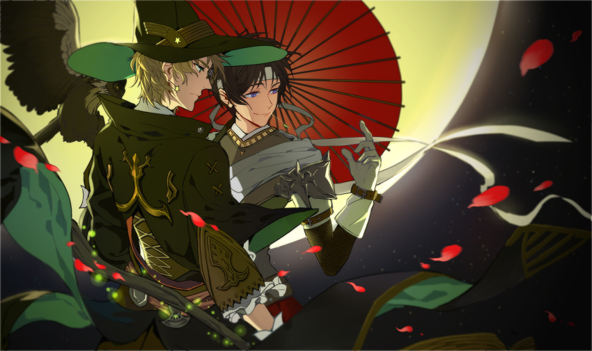 2boys animal animal_on_shoulder armor bandages bird bird_on_shoulder black_gloves black_hair blonde_hair chinese_clothes closed_mouth crow earrings full_moon gloves green_eyes hat highres holding holding_umbrella jewelry jokerplaner long_sleeves looking_at_viewer looking_back male_focus moon multiple_boys night night_sky official_alternate_costume oil-paper_umbrella petals purple_eyes quan_zhi_gao_shou short_hair sky smile top_hat umbrella wang_jiexi wang_jiexi_(vaccaria) weapon white_gloves yaoi ye_xiu ye_xiu_(lord_grim)