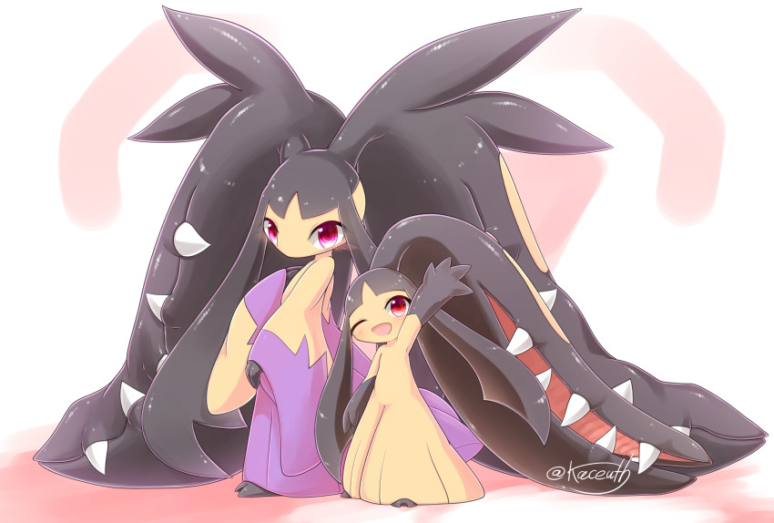 2others black_hair blush colored_skin commentary_request dress extra_mouth gen_3_pokemon highres kaceuth long_hair looking_at_viewer mawile mega_mawile mega_pokemon multiple_others nintendo open_mouth other_focus pink_eyes pokemon pokemon_(creature) sharp_teeth sidelocks smile standing teeth twitter_username yellow_skin